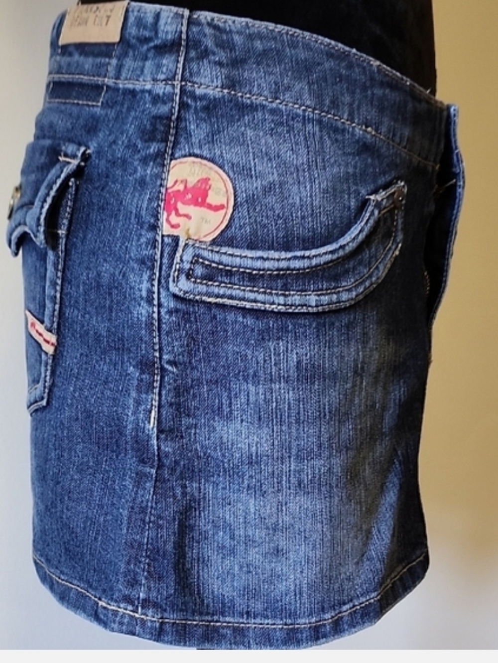 Y2K Low Rise Denim Mini Skirt Red Patch Parasuco Grunge Festival Size 6